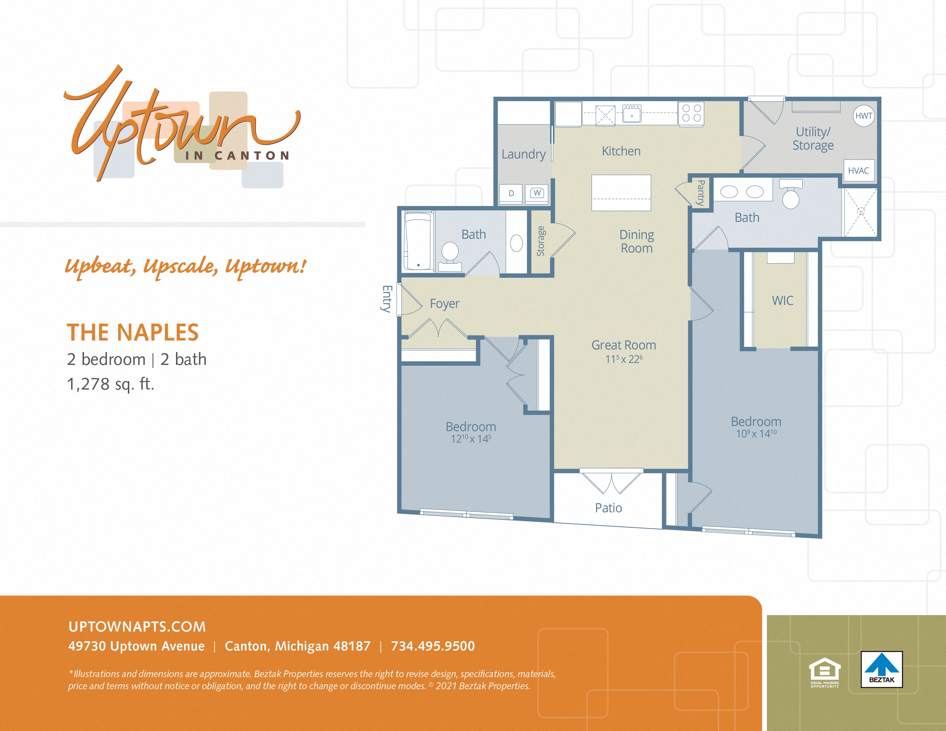 Floor plan for 2 beds, 2 baths, 1278 sqft